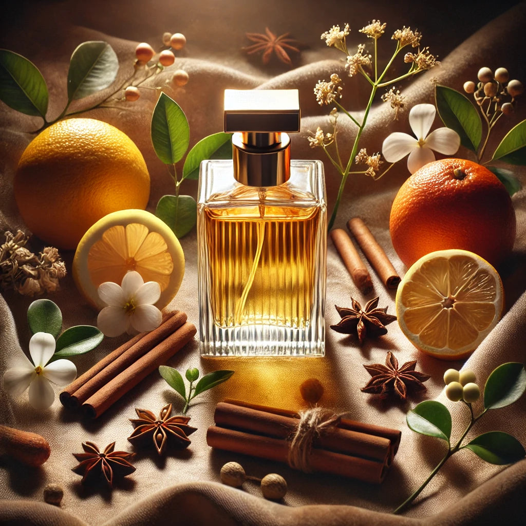 Flacon de parfum luxueux placé sur un fond de tissu velouté, entouré de fruits frais (citron, orange), de fleurs blanches délicates, de bâtons de cannelle et de branches de bois chaud